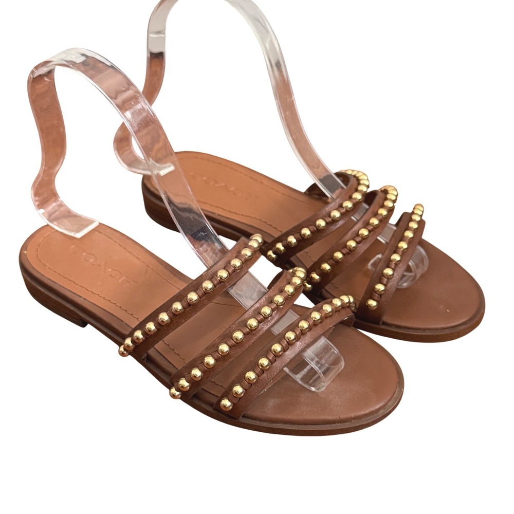 Coach Studded Slide Designer Sandals Sz 5 Multi-Strap Leather Gold Brown Neutral